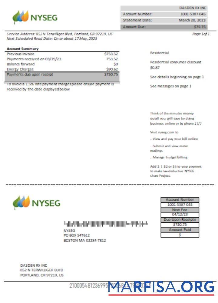Realistic Boston NYSEG electricity utility business bill, SCR sample